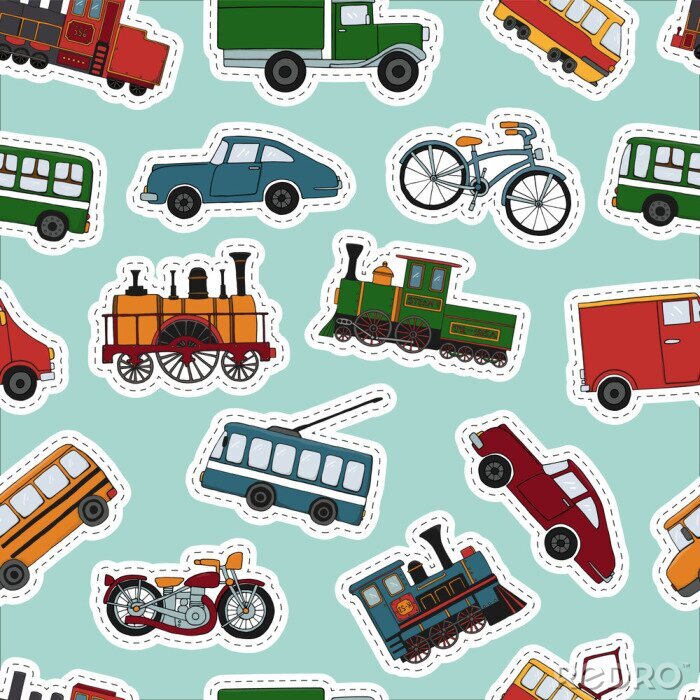 Papier peint à motif  Vector colored seamless pattern of retro engines and transport stickers. Vector repeat background of vintage trains bus, tram, trolleybus, car, bicycle, bike, van, truck. 