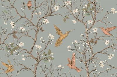 Papier peint à motif  Vector colorful pattern with birds and flowers. Hummingbirds and flowers, retro style, floral backdrop. Spring, summer flower design for web, wrapping paper, cover, textile, fabric, wallpaper