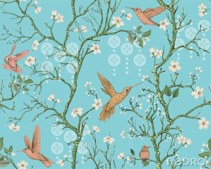 Papier peint à motif  Vector colorful pattern with birds and flowers. Hummingbirds and flowers, retro style, floral backdrop. Spring, summer flower design for wrapping paper, cover, textile, fabric, wallpaper