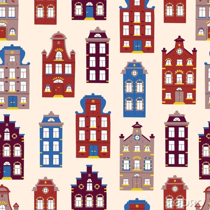Papier peint à motif  Vector cute seamless pattern with doodle traditional houses. Vector background of multi-colored facades of old buildings in scandinavian trendy style.