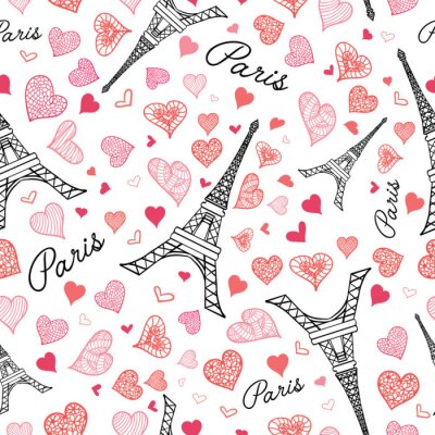 Papier peint à motif  Vector Eifel Tower Paris Répétition sans couture Pattern Bursting avec St Valentines Pink Hearts Red Love. Parfait pour les cartes postales à thème de voyage, cartes de voeux, invitations de mariage.