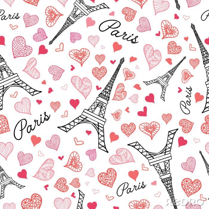 Papier peint à motif  Vector Eifel Tower Paris Répétition sans couture Pattern Bursting avec St Valentines Pink Hearts Red Love. Parfait pour les cartes postales à thème de voyage, cartes de voeux, invitations de mariage.