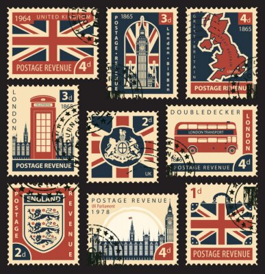 Papier peint à motif  Vector ensemble de timbres-poste avec le drapeau britannique, Royaume-Uni carte, Royaume-Uni Parlement, Londres Big Ben, armoiries de l'Angleterre et la Grande-Bretagne et autres symboles britanniques