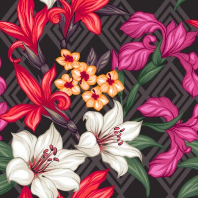 Vector feuilles tropicales et des fleurs modèle sans soudure. Main, peint, Illustration, géométrique, fond