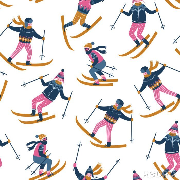 Papier peint à motif  Vector hiver illustration des skieurs. Sports enfants dans la station de ski. Conception scandinave à la mode. Modèle sans couture sur le fond blanc.