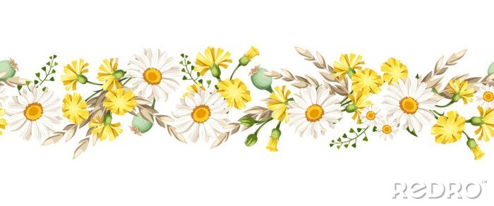 Papier peint à motif  Vector horizontal seamless border with white daisies and yellow wild flowers and ears of wheat. 