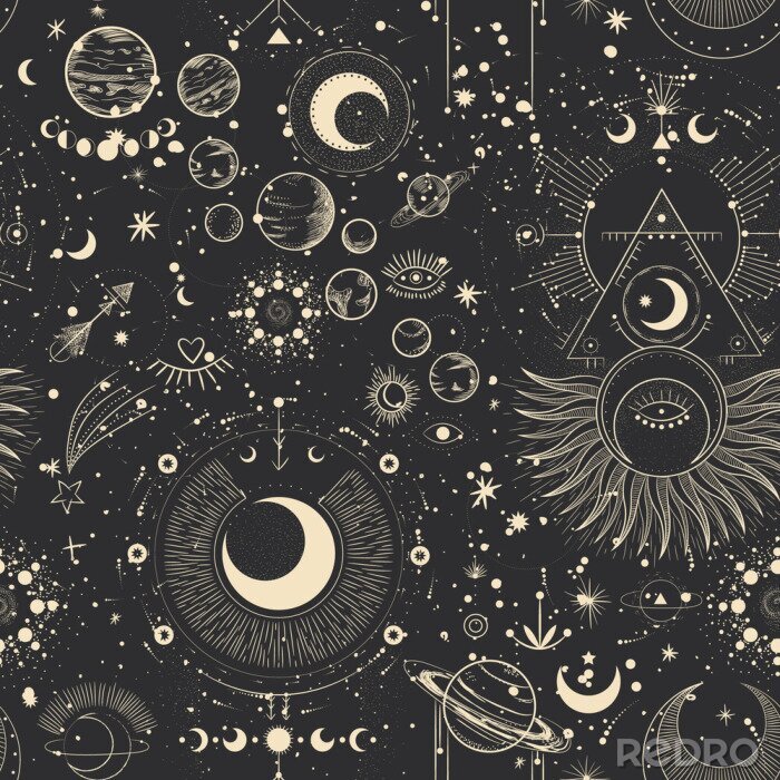 Papier peint à motif  Vector illustration set of moon phases. Different stages of moonlight activity in vintage engraving style. Zodiac Signs