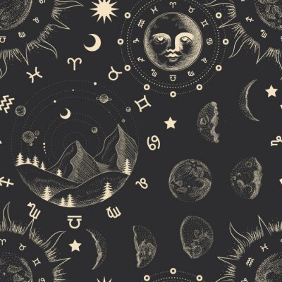 Papier peint à motif  Vector illustration set of moon phases. Different stages of moonlight activity in vintage engraving style. Zodiac Signs