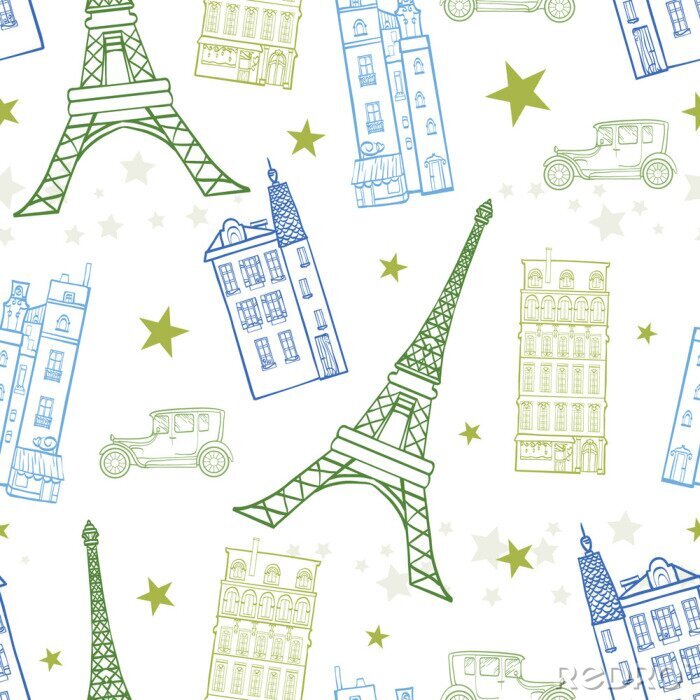 Papier peint à motif  Vector Paris Streets Blue Green Dessin Seamless Pattern avec la Tour Eiffel, les maisons, les voitures et les étoiles. Perfectionnez pour des conceptions orientées de voyage produits, sacs, accessoire