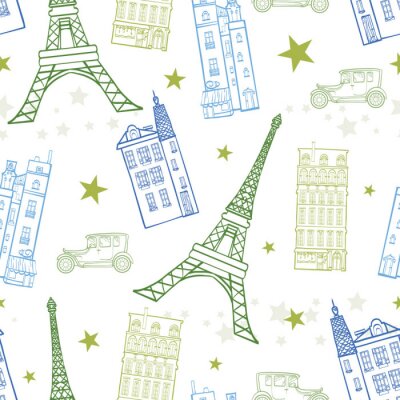 Papier peint à motif  Vector Paris Streets Blue Green Dessin Seamless Pattern avec la Tour Eiffel, les maisons, les voitures et les étoiles. Perfectionnez pour des conceptions orientées de voyage produits, sacs, accessoire