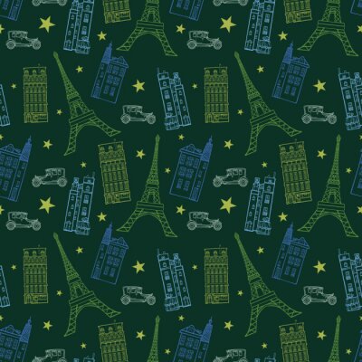 Papier peint à motif  Vector Paris Streets Dark Green Dessin Seamless Pattern avec Eifel Tower, maisons, voitures et étoiles. Perfectionnez pour des produits orientés de conceptions de voyage.