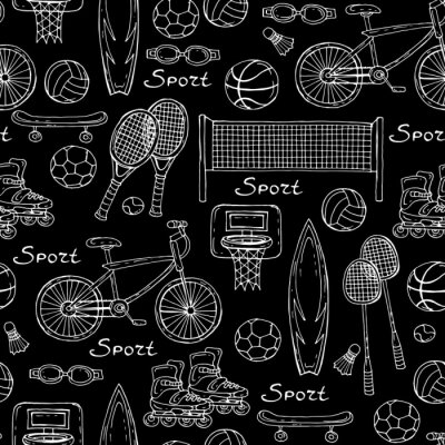 Vector pattern avec des équipements de sport dessinés à la main sur la couleur noire