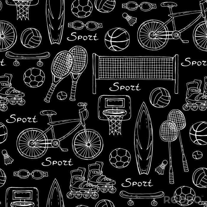 Papier peint à motif  Vector pattern avec des équipements de sport dessinés à la main sur la couleur noire