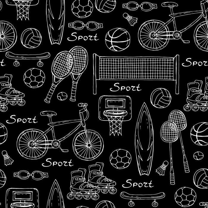 Papier peint à motif  Vector pattern avec des équipements de sport dessinés à la main sur la couleur noire