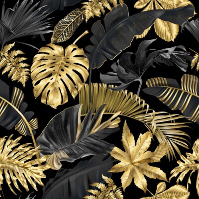 Papier peint à motif  Vector pattern with gold black tropical leaves