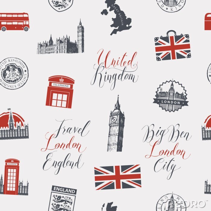 Papier peint à motif  Vector seamless Background on UK and London theme with inscriptions, British symbols, architectural landmarks and flag of the United Kingdom in retro style. Can be used as wallpaper or wrapping paper
