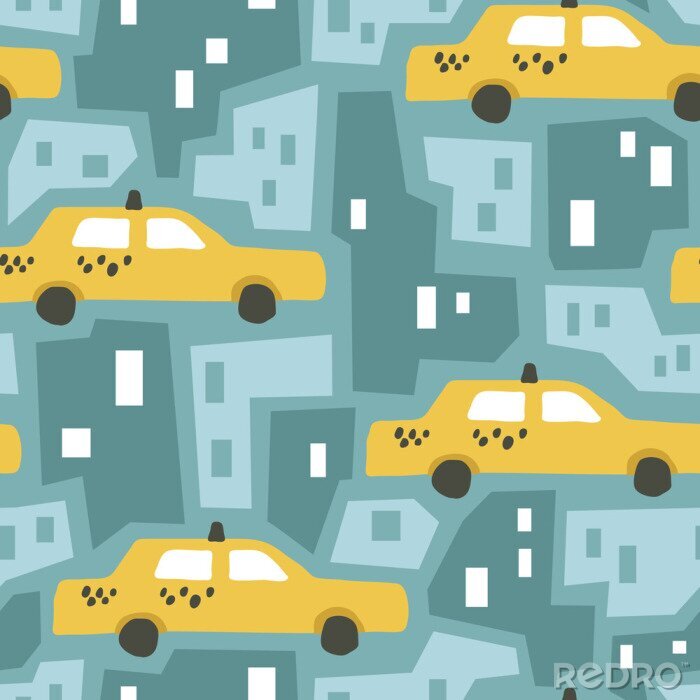 Papier peint à motif  vector seamless background pattern with funny yellow taxi cab and scandinavian abstract houses for fabric, textile
