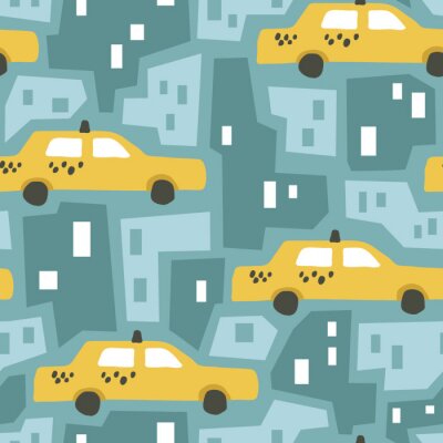 Papier peint à motif  vector seamless background pattern with funny yellow taxi cab and scandinavian abstract houses for fabric, textile