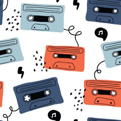 vector seamless background pattern with retro audio cassette with rock music for fabric, textile,wallpaper,wrapping paper, notebook covers,background