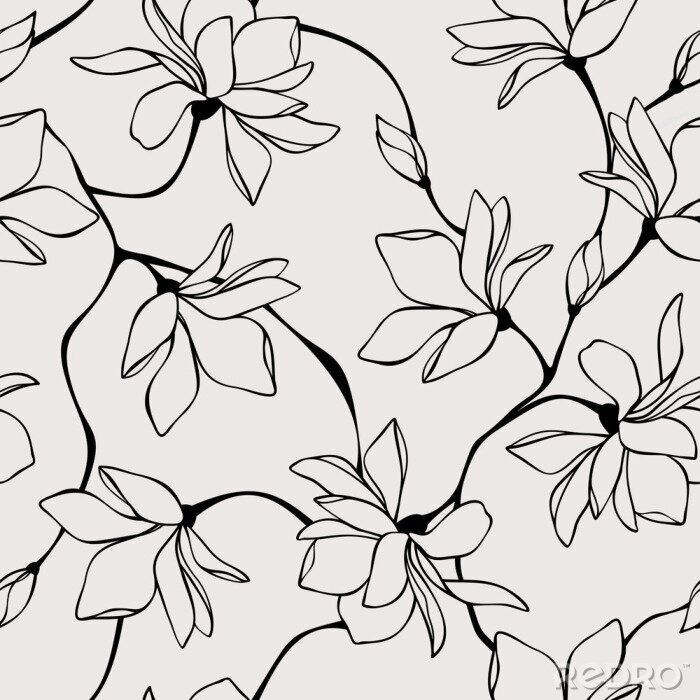 Papier peint à motif  Vector seamless floral pattern with magnolia flowers. Line art illustration.