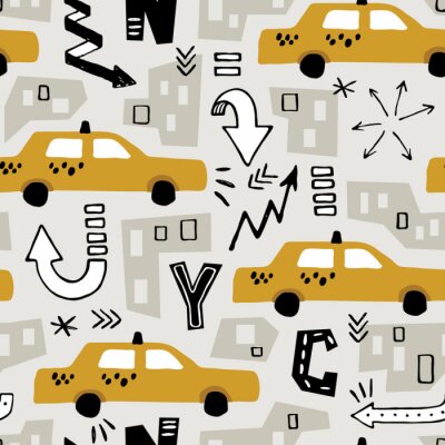 Papier peint à motif  vector seamless New York background pattern with color cut out paper abstract houses and hand drawn taxi yellow cab for  fabric design, wrapping paper, notebooks covers.textile