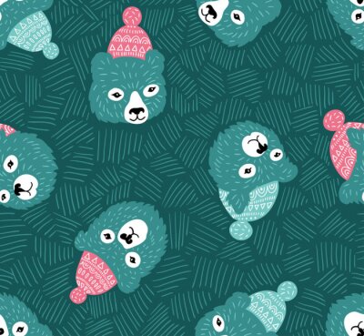 Papier peint à motif  Vector seamless pattern avec des têtes d'ours. Fond bleu d'hiver.