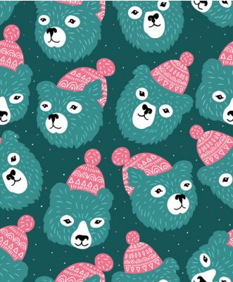 Papier peint à motif  Vector seamless pattern avec des têtes d'ours. Fond bleu d'hiver.