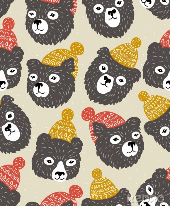 Papier peint à motif  Vector seamless pattern avec les têtes d'ours. Contexte chaleureux d'hiver.