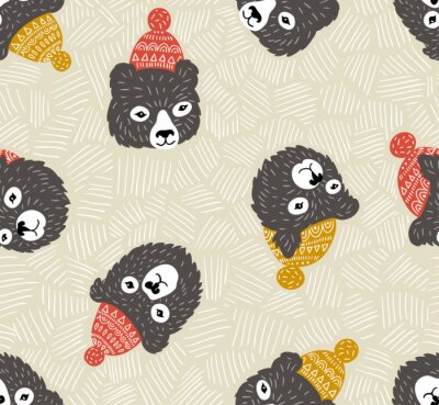 Papier peint à motif  Vector seamless pattern avec les têtes d'ours. Hiver doux dessiné à la main.