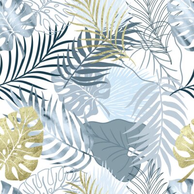 Papier peint à motif  Vector seamless pattern blue watercolor and gold texture palm exotics and monstera leaves. Vector modern illustration. Colored endless background.