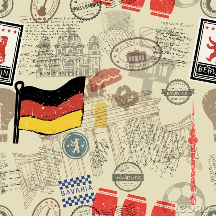 Papier peint à motif  Vector seamless pattern consisting of Germany symbols or icons. Stamps and travel icons collection. Germany symbols on fabric background. 