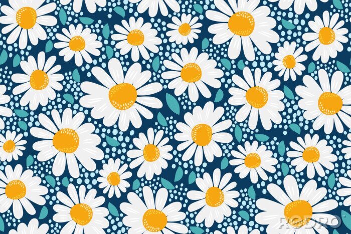 Papier peint à motif  Vector seamless pattern. Creative floral print with chamomile flowers, leaves in a hand-drawn style on a dark blue-turquoise background. Perefct spring/summer template for fashion design, textiles...