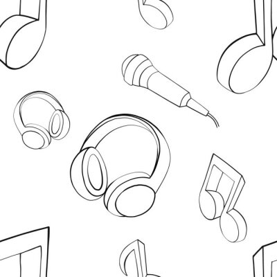 Papier peint à motif  Vector seamless pattern graphic illustration of headphones, music notes, microphone Sketch drawing, doodle style. abstract black and white silhouette Print for fabric, wallpaper, packaging, background