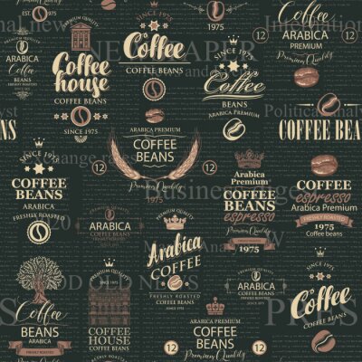 Vector seamless pattern in retro style on the theme of coffee house and coffee with various coffee labels on the black background of old magazine page. Suitable for wallpaper, fabric, wrapping paper