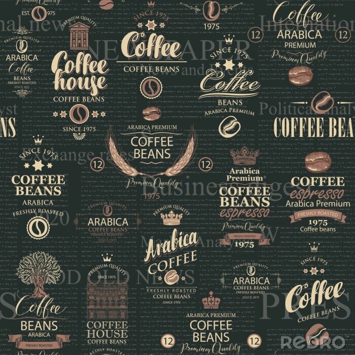 Papier peint à motif  Vector seamless pattern in retro style on the theme of coffee house and coffee with various coffee labels on the black background of old magazine page. Suitable for wallpaper, fabric, wrapping paper