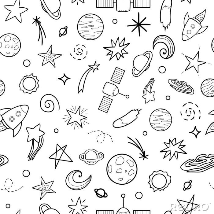 Papier peint à motif  Vector seamless pattern of space objects. Black and white repeat background with planet,   star,   spaceship,   satellite,   moon,   sun,   asteroid. Coloring page for kids