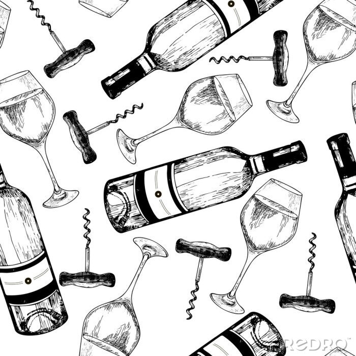 Papier peint à motif  Vector seamless pattern of white wine. Objets gravés dessinés à la main. Bouteille de vin, verre et tire-bouchon.