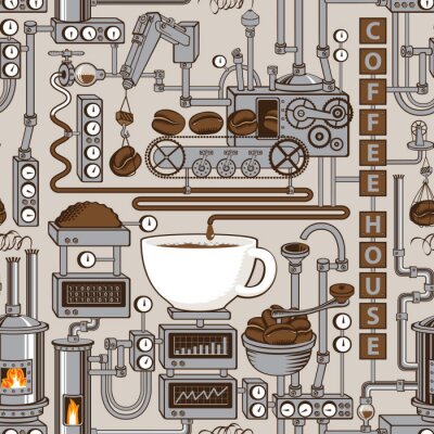 Papier peint à motif  Vector seamless pattern on coffee theme with a cup of freshly brewed coffee, plant with conveyor coffee production in retro style and with words Coffee house.