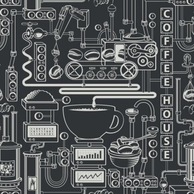 Papier peint à motif  Vector seamless pattern on coffee theme with a cup of freshly brewed coffee, plant with conveyor coffee production in retro style and with words Coffee house.