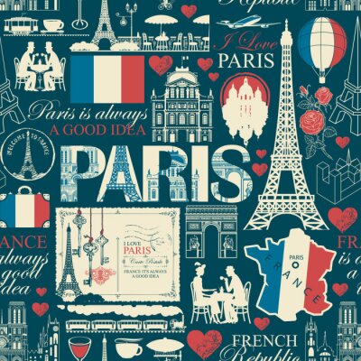 Vector seamless pattern on France and Paris theme with drawings, inscriptions, architectural landmarks, map and flag of French republic in retro style. Can be used as wallpaper, wrapping paper, fabric