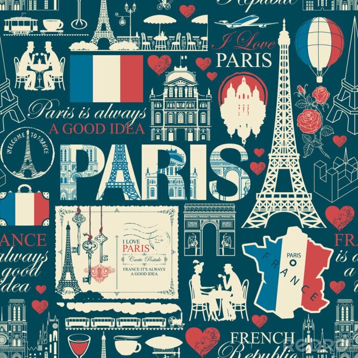 Papier peint à motif  Vector seamless pattern on France and Paris theme with drawings, inscriptions, architectural landmarks, map and flag of French republic in retro style. Can be used as wallpaper, wrapping paper, fabric