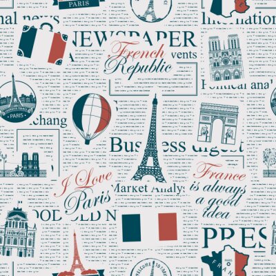 Papier peint à motif  Vector seamless pattern on France and Paris theme with inscriptions, architectural landmarks and flag of French Republic in retro style on the newspaper background. Wallpaper, wrapping paper, fabric