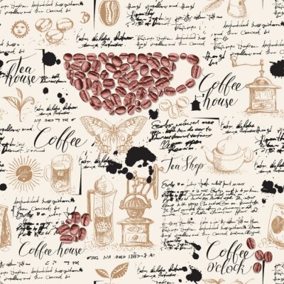Papier peint à motif  Vector seamless pattern on tea and coffee theme in retro style. Various coffee and tea sketches, blots and inscriptions on a background of old manuscript. Can be used as wallpaper or wrapping paper