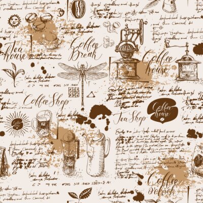 Papier peint à motif  Vector seamless pattern on tea and coffee theme in retro style. Various coffee symbols, dragonfly, blots and inscriptions on a background of old manuscript. Can be used as wallpaper or wrapping paper