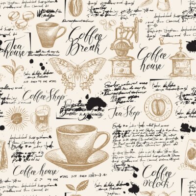 Papier peint à motif  Vector seamless pattern on tea and coffee theme with sketches, blots and unreadable inscriptions in retro style. Suitable for Wallpaper, wrapping paper, background, fabric or textile