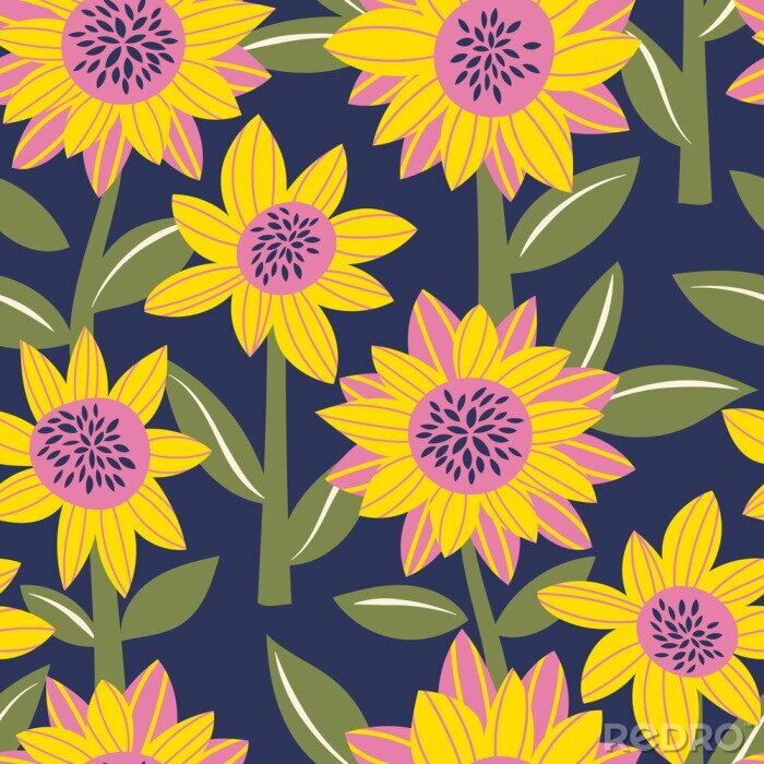 Papier peint à motif  Vector seamless pattern with abstract sunflowers in trendy colors