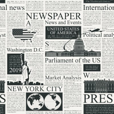 Papier peint à motif  Vector seamless pattern with american newspapers columns. Text on newspaper page is unreadable. US newspaper with black text, repeating newspaper vector background with headlines and illustrations.