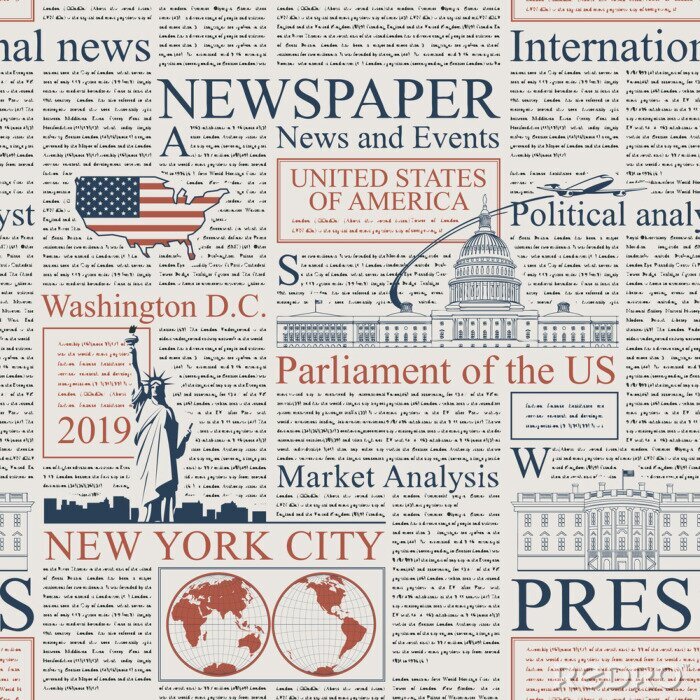 Papier peint à motif  Vector seamless pattern with american newspapers columns. Text on newspaper page is unreadable. US newspaper with blue and red text, repeating newspaper background with headlines and illustrations.
