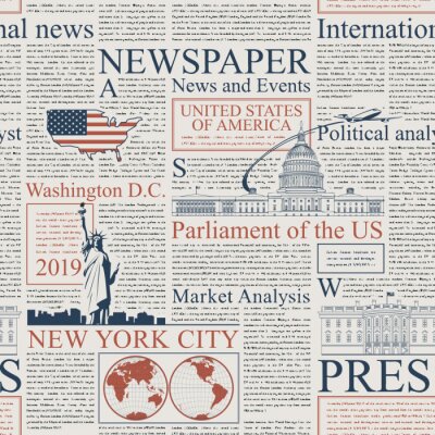 Papier peint à motif  Vector seamless pattern with american newspapers columns. Text on newspaper page is unreadable. US newspaper with blue and red text, repeating newspaper background with headlines and illustrations.