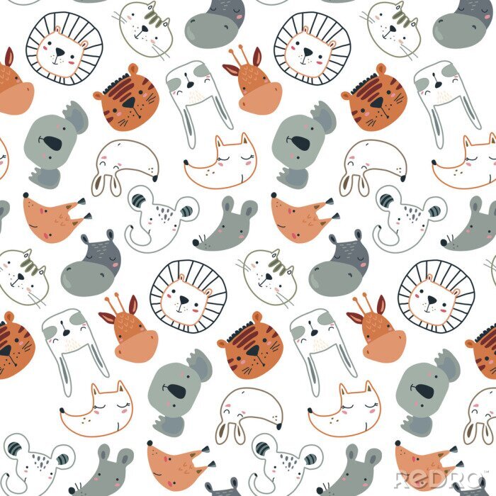 Papier peint à motif  Vector seamless pattern with cute animal faces in simple scandinavian style.